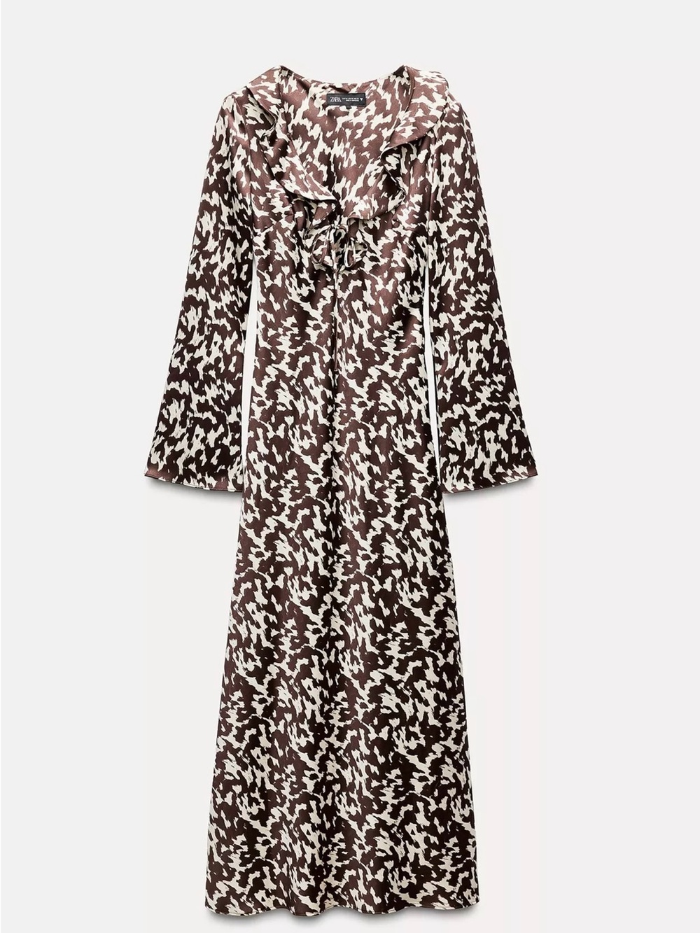 Zara Long Sleeve Brown & Cream Ruffle Dress